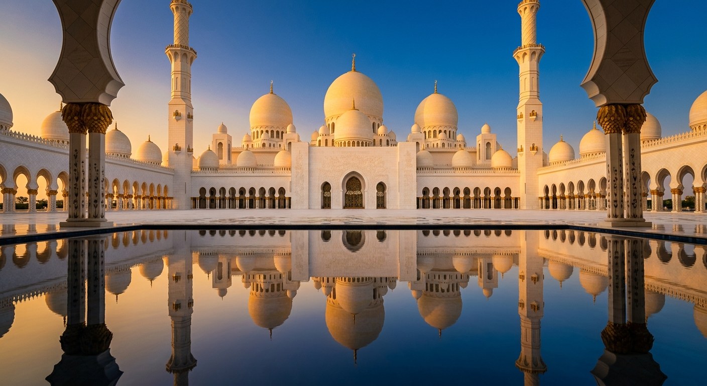 Sheikh Zayed Grand Mosque's majestic domes and minarets, Abu Dhabi's architectural marvel.