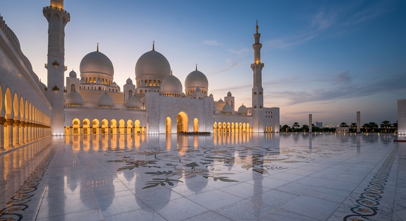 Sheikh Zayed Grand Mosque at twilight, Abu Dhabi's architectural gem in the United Arab Emirates