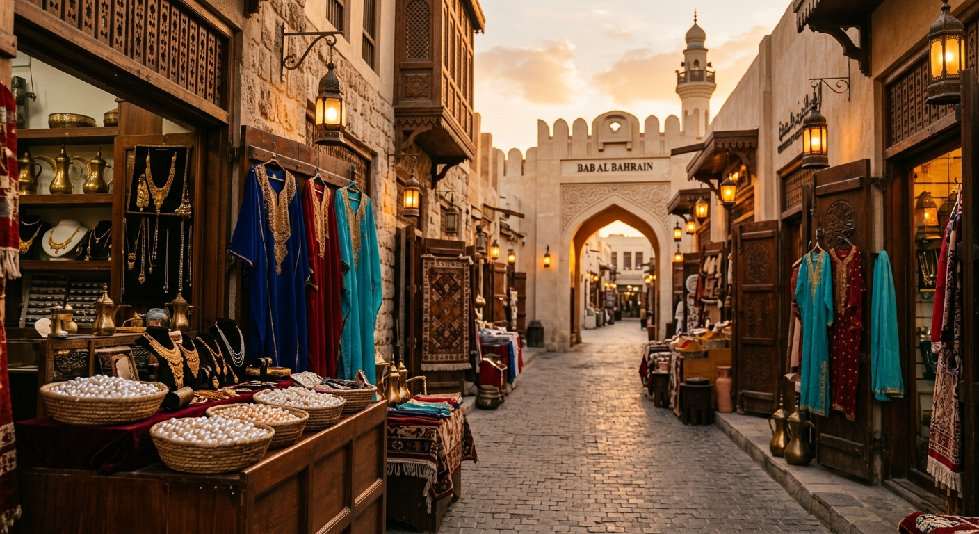 Colorful market stalls and bustling atmosphere in Manama's vibrant souqs, Bahrain.