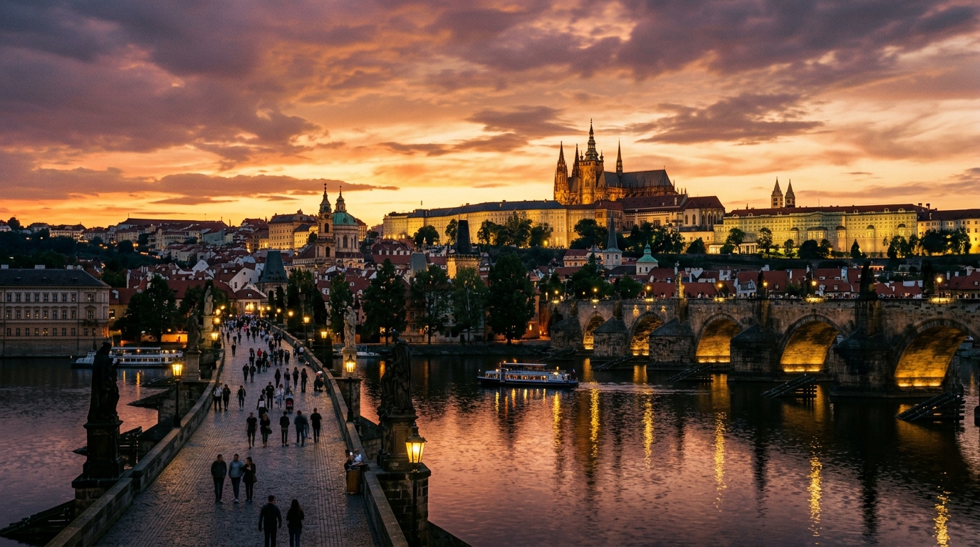Charles Bridge at sunset with Prague Castle in the background, Prague, Czech Republic