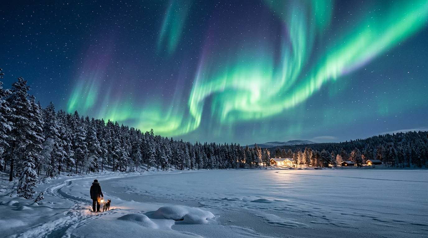 Northern Lights dancing over a snowy Finnish Lapland landscape.