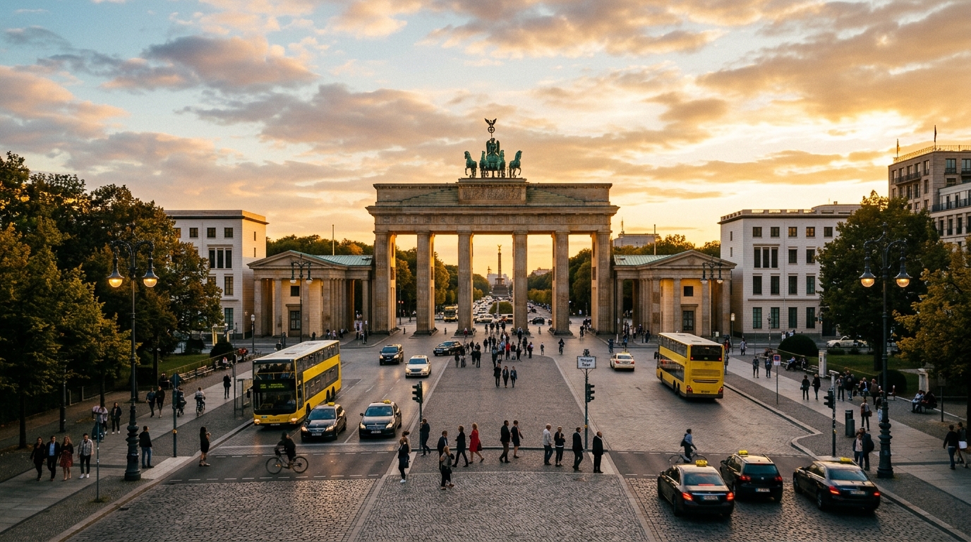 The iconic Brandenburg Gate in Berlin under a twilight sky, Germany.