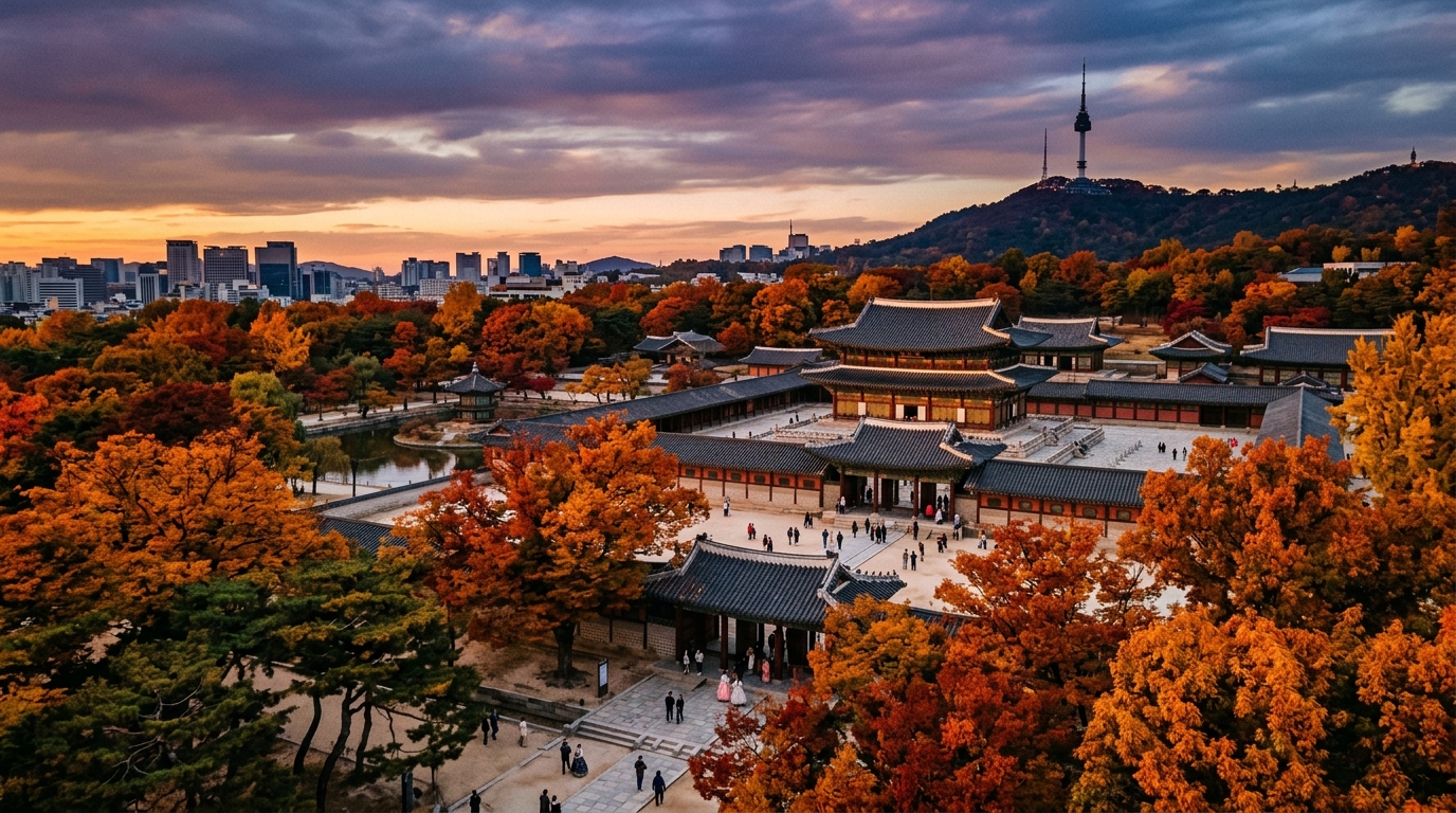 Bustling Seoul cityscape and serene Jeju volcanic landscapes, South Korea.