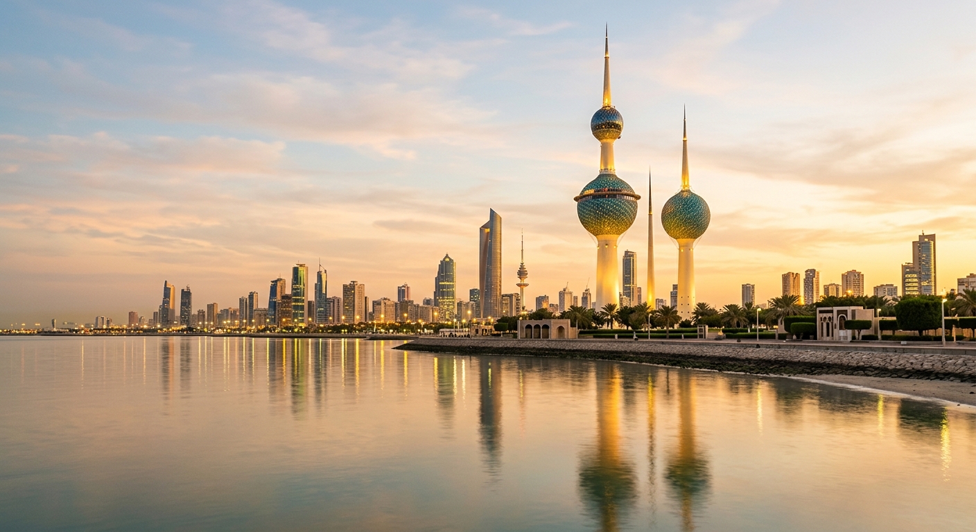 Kuwait Towers iconic silhouette against a Gulf skyline at dusk in Kuwait City