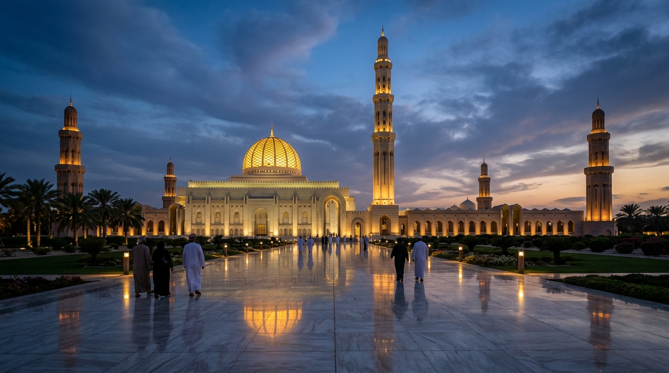 Sultan Qaboos Mosque's stunning architecture, towering minarets, and ornate carvings, set against Oman's mountainous landsca…