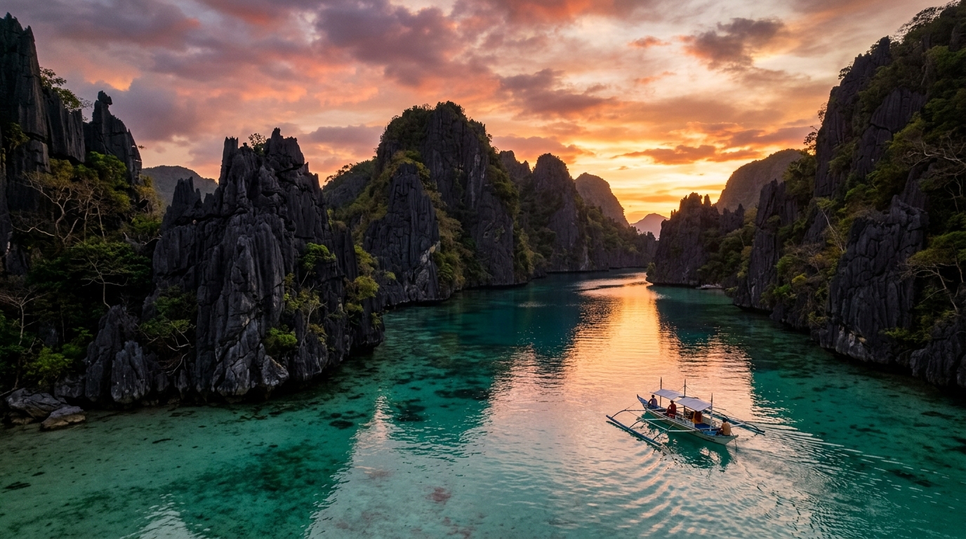 Turquoise lagoons of Palawan with limestone cliffs, Philippines