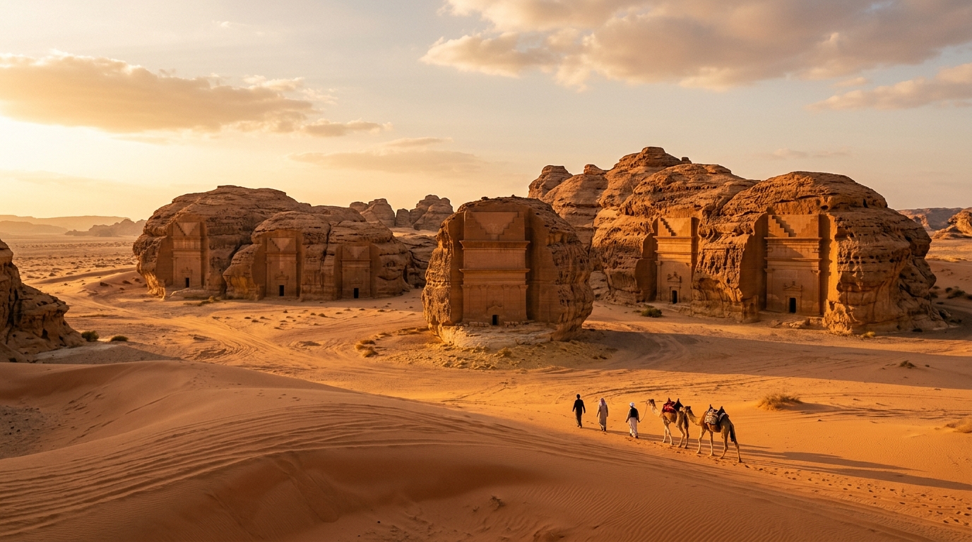 Nabataean tombs set against the desert landscape of AlUla, Saudi Arabia.