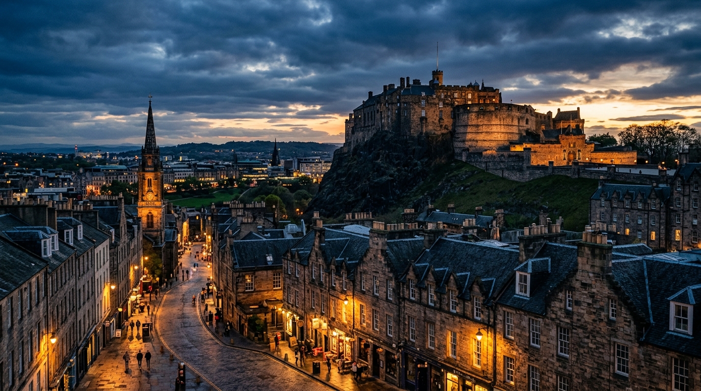 Edinburgh Castle perched majestically, Loch Ness's tranquil waters, otherworldly cliffs of Isle of Skye, scenic Highland dis…