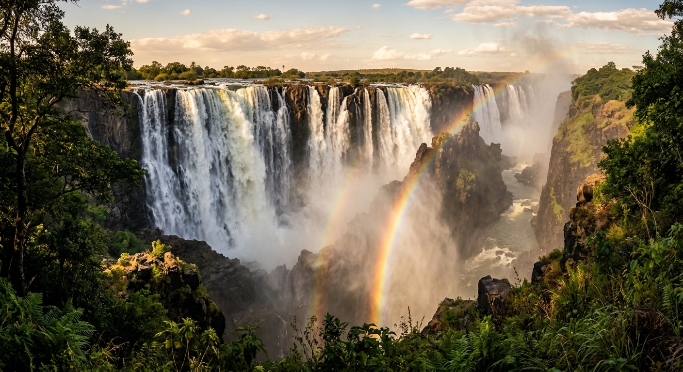 Majestic Victoria Falls cascading down cliffs, Zimbabwe's lush landscape in the background.